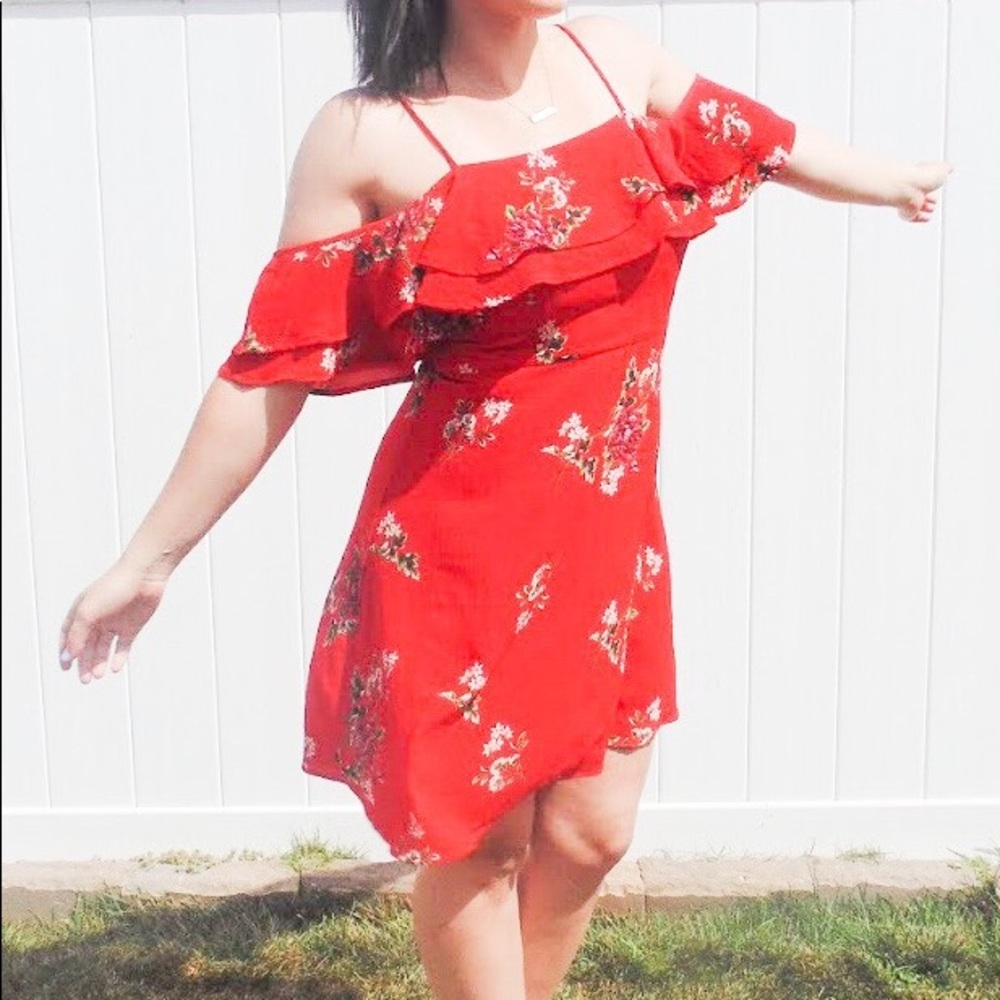 Red floral off the shoulder dress.